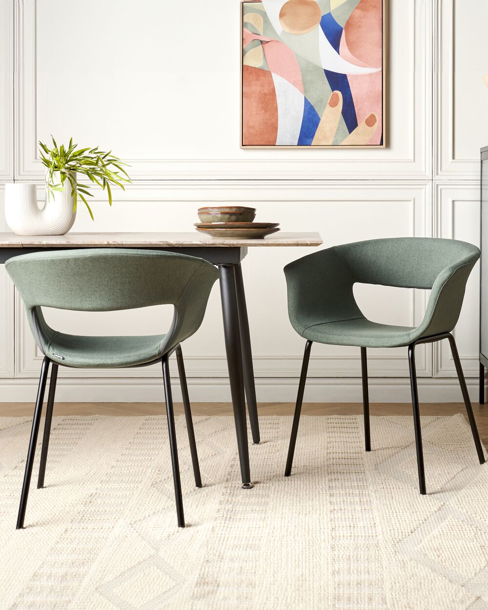 Set di 2 sedie da pranzo Sedute in poliestere verde scuro Gambe in metallo per sala da pranzo cucina