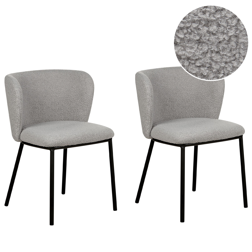 Set di 2 sedie da pranzo in bouclè grigio Rivestimenti in metallo nero Gambe senza braccioli Schienale curvo Design moderno e contemporaneo