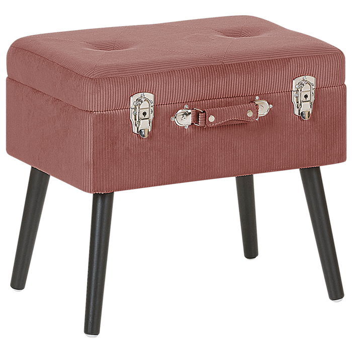 Comodino Sgabello Contenitore rosa imbottito in velluto a coste con gambe nere a forma di valigia con bottoni