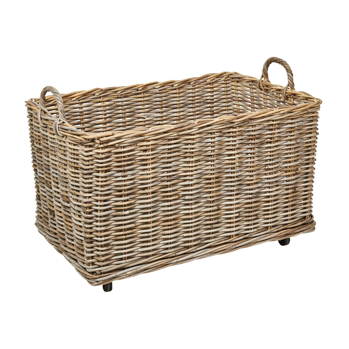 Set di 2 scatole in rattan naturale con ruote in plastica e manici in gomma, realizzati a mano con struttura in legno, in stile bohémien.