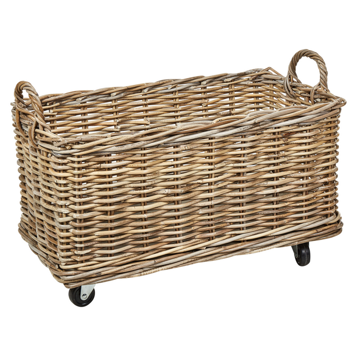 Set di 2 scatole in rattan naturale con ruote in plastica e manici in gomma, realizzati a mano con struttura in legno, in stile bohémien.