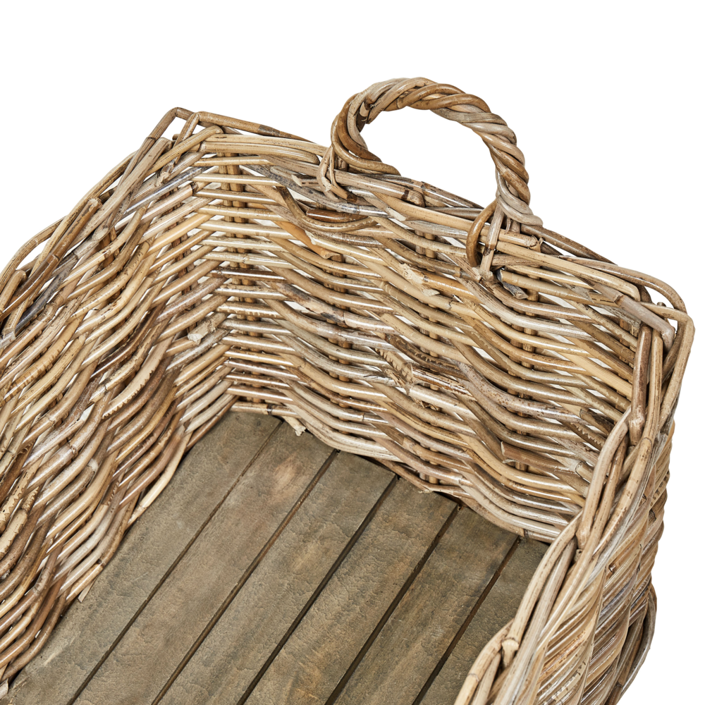 Set di 2 scatole in rattan naturale con ruote in plastica e manici in gomma, realizzati a mano con struttura in legno, in stile bohémien.