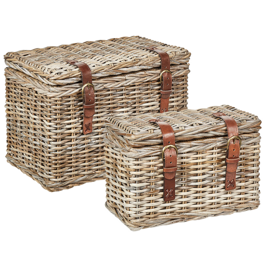 Set di 2 scatole in rattan telaio naturale in mogano con cinghie in pelle coperchi fatti a mano stile boho naturale