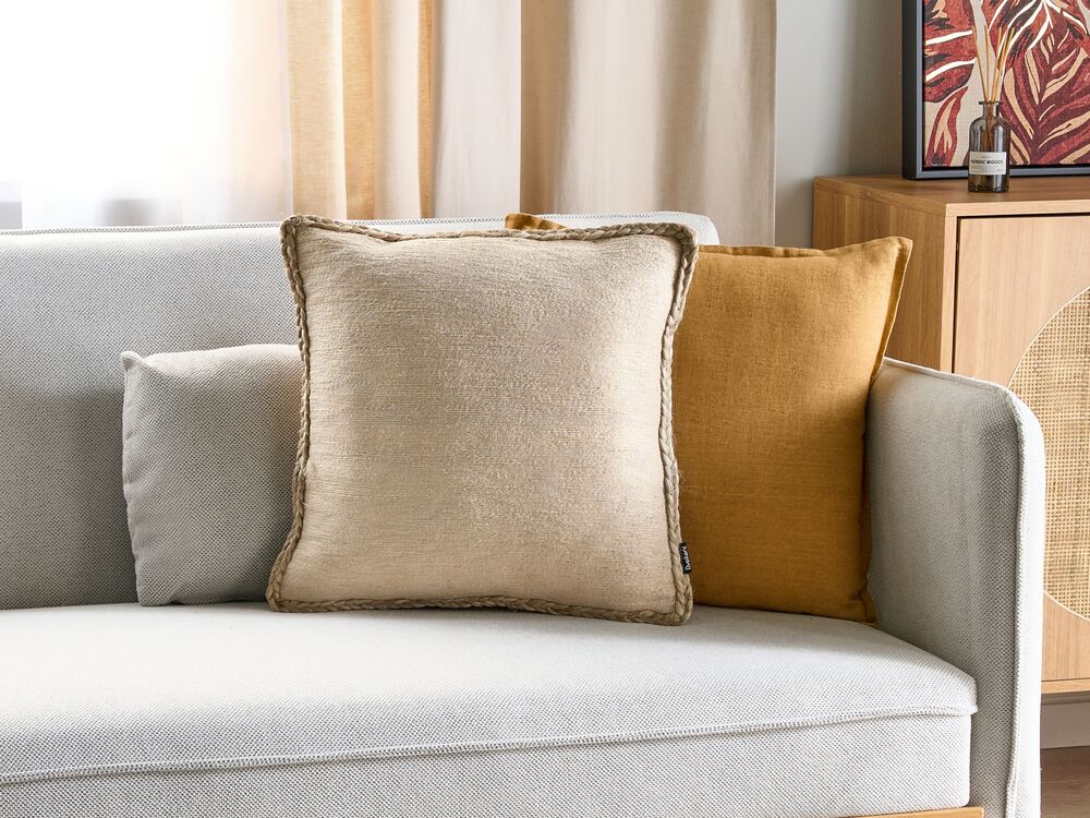 Cuscino decorativo in iuta beige 45 x 45 cm, rimovibile con cerniera e bordi intrecciati Accessori decorativi boho