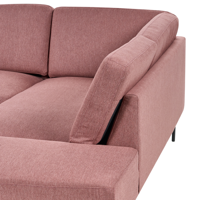 Divano angolare sinistro in poliestere rosa Divano a 4 posti imbottito con gambe in metallo, tessuto e schienale imbottito, moderno e minimalista