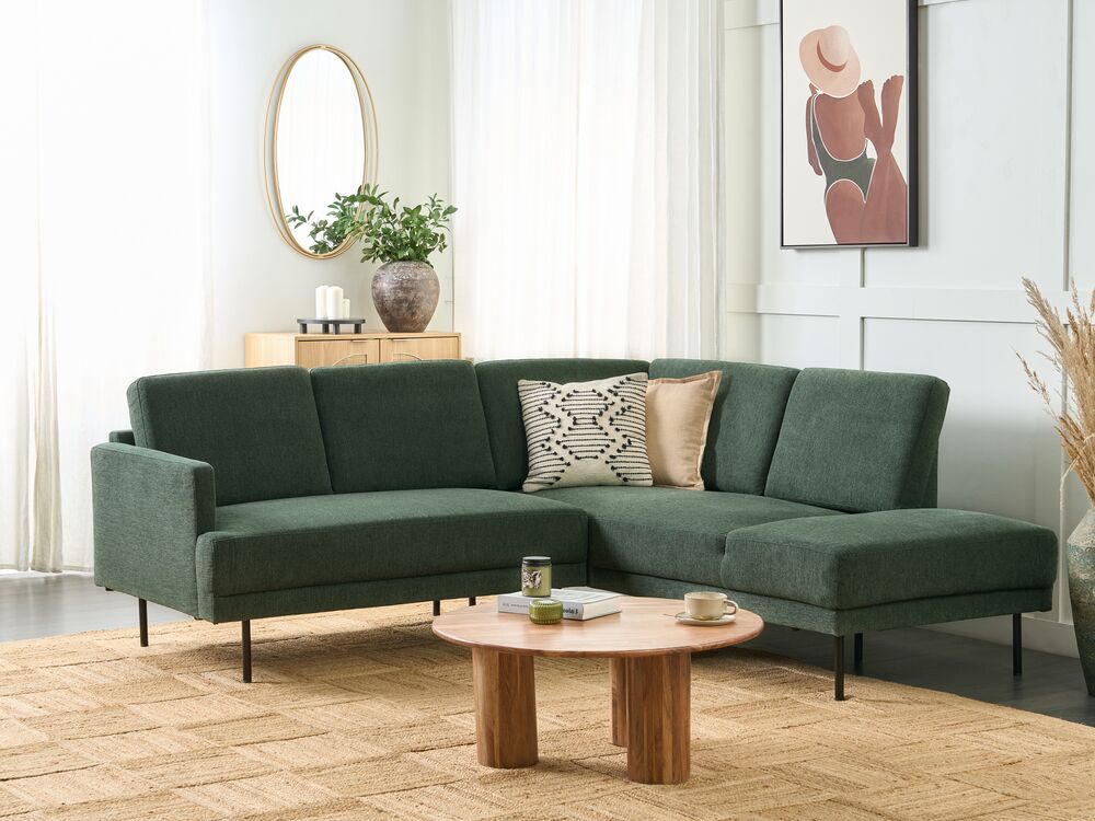 Divano angolare sinistro in poliestere verde scuro Divano a 4 posti imbottito con gambe in metallo, tessuto e schienale imbottito, moderno e minimalista