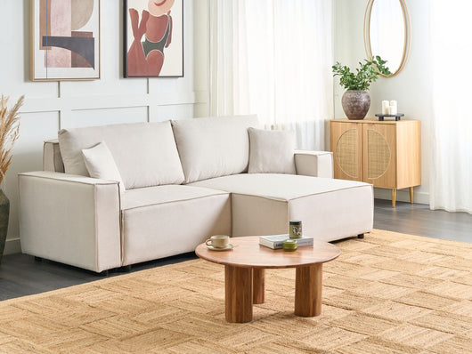 Divano letto angolare a sinistra Beige Tessuto poliestere imbottito 3 posti a L con cuscini Funzione letto Stile moderno Soggiorno