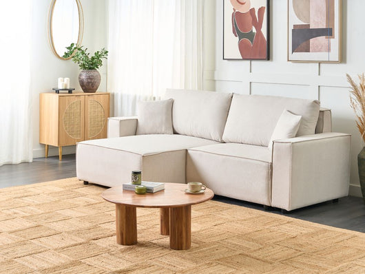 Divano letto angolare a destra Beige Tessuto poliestere imbottito 3 posti a L con cuscini Funzione letto Stile moderno Soggiorno