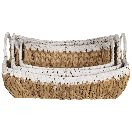 Set di 3 cestini in giacinto d'acqua con struttura in metallo e manici realizzati a mano stile boho classico