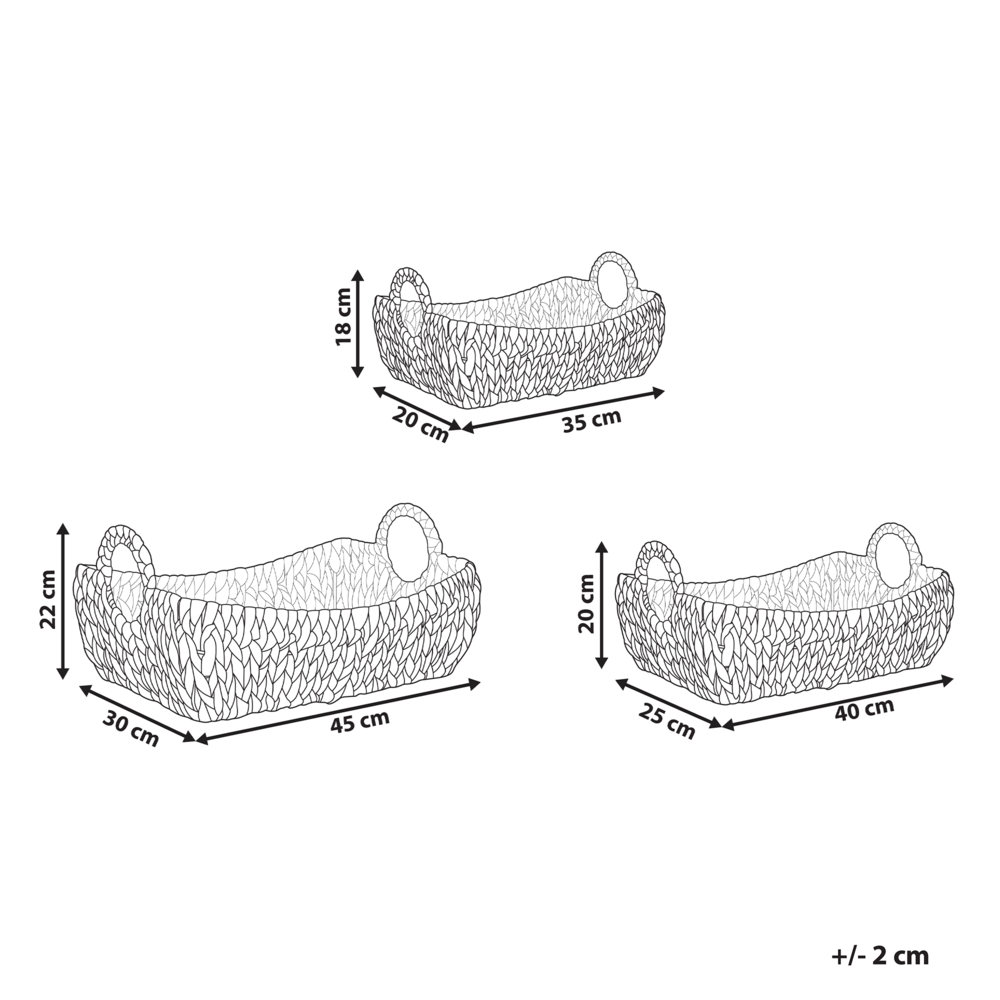 Set di 3 cestini in giacinto d'acqua con struttura in metallo e manici realizzati a mano stile boho classico