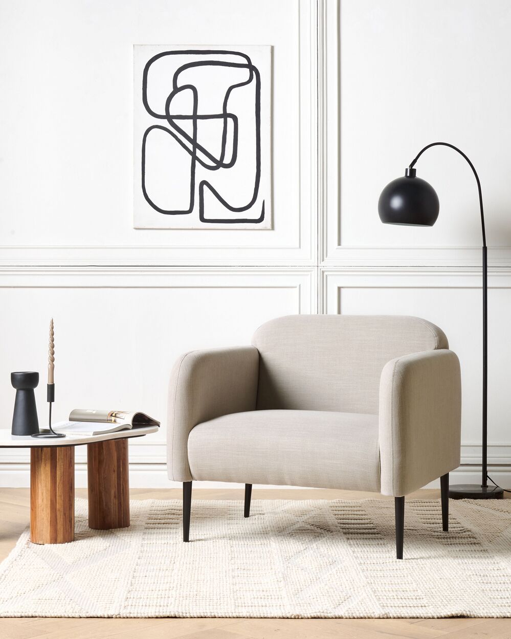 Poltrona in tessuto di lino grigio talpa e nero Gambe in metallo Sedia imbottita Morbido stile retrò Art Decor Soggiorno