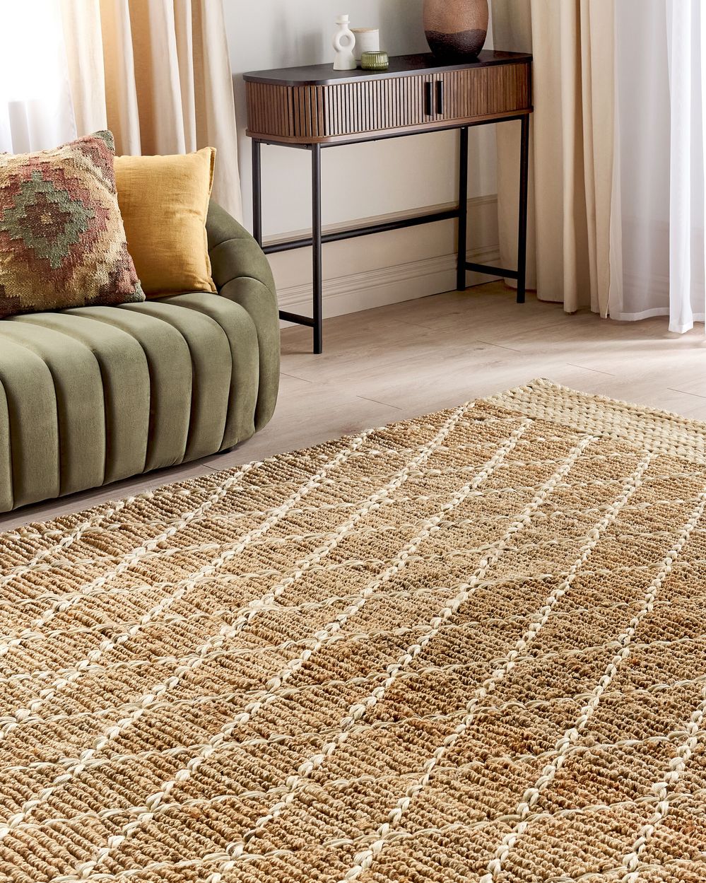 Tappeto Runner Beige Juta 200 x 300 cm Motivo geometrico intrecciato a mano Boho Corridoio Camera da letto