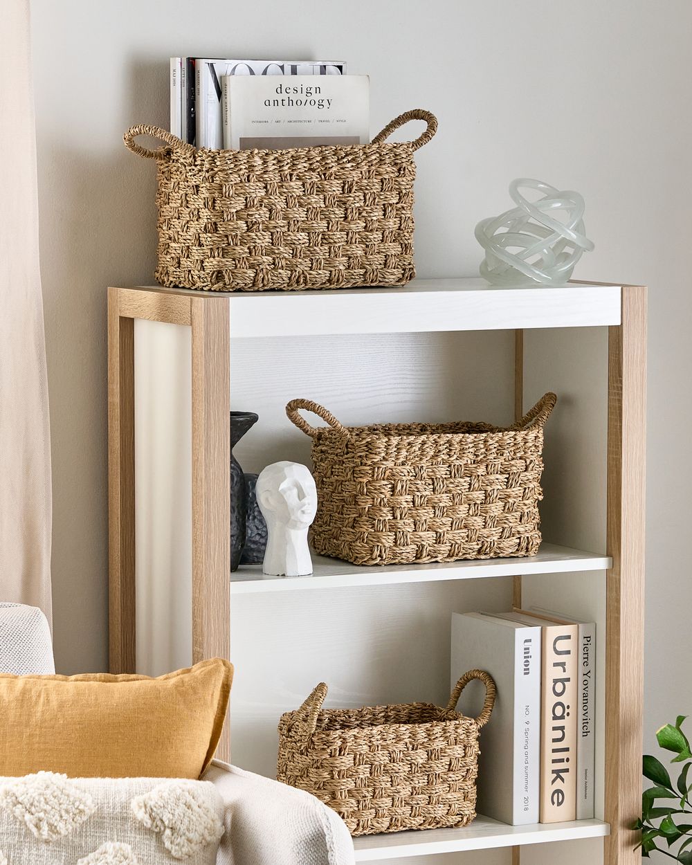 Set di 3 cestini portaoggetti in seagrass chiaro fatti a mano maniglie per scaffali design bohémien