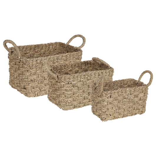 Set di 3 cestini portaoggetti in seagrass chiaro fatti a mano maniglie per scaffali design bohémien