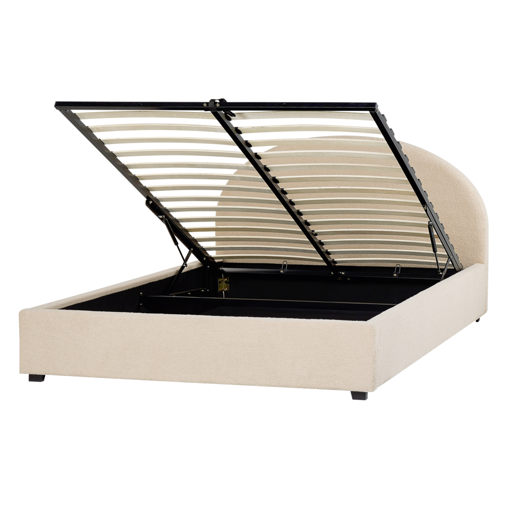 Letto contenitore matrimoniale imbottito tessuto beige retrò minimalista 140 x 200