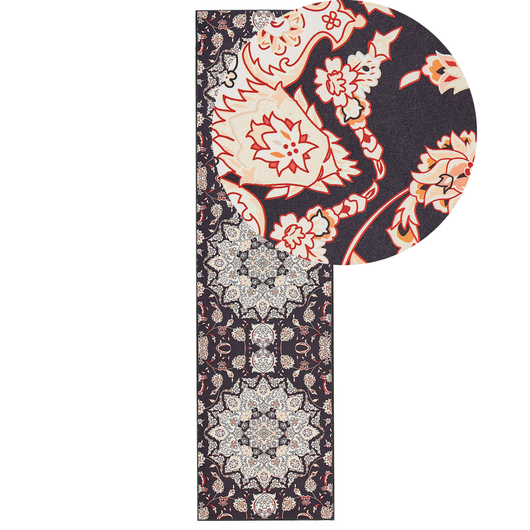 Tappeto Runner in poliestere nero e beige 80 x 300 cm motivo orientale fondo antiscivolo stile vintage corridoio moderno
