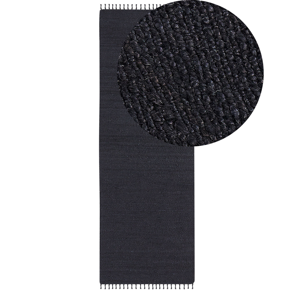 Tappeto Runner in iuta nera 80 x 300 cm rettangolare con nappe decorative intrecciate a mano in stile bohémien.