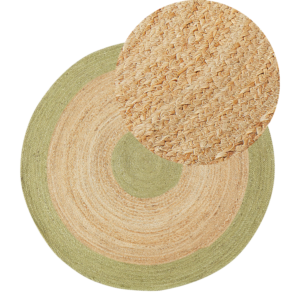 Tappeto Beige e Verde Juta ø 140 cm Rotondo Tessuto a mano Stile Boho Corridoio Soggiorno Camera da letto