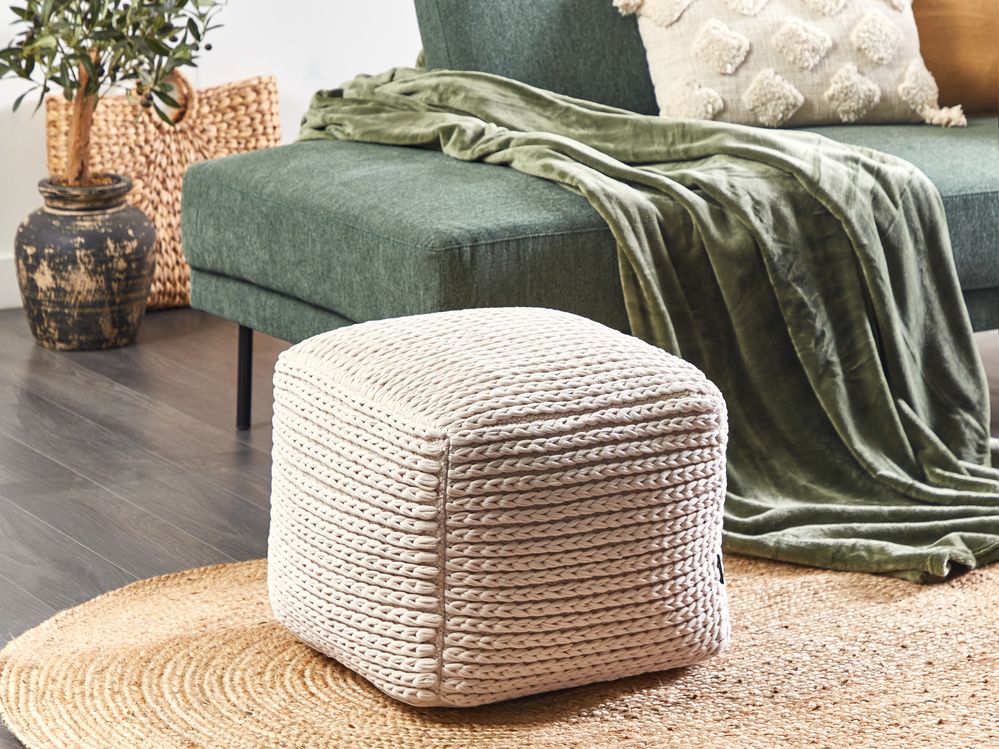 Pouf beige in cotone 50 x 50 x 35 cm con imbottitura in EPS Rivestimento tessuto spesso Pouf Boho