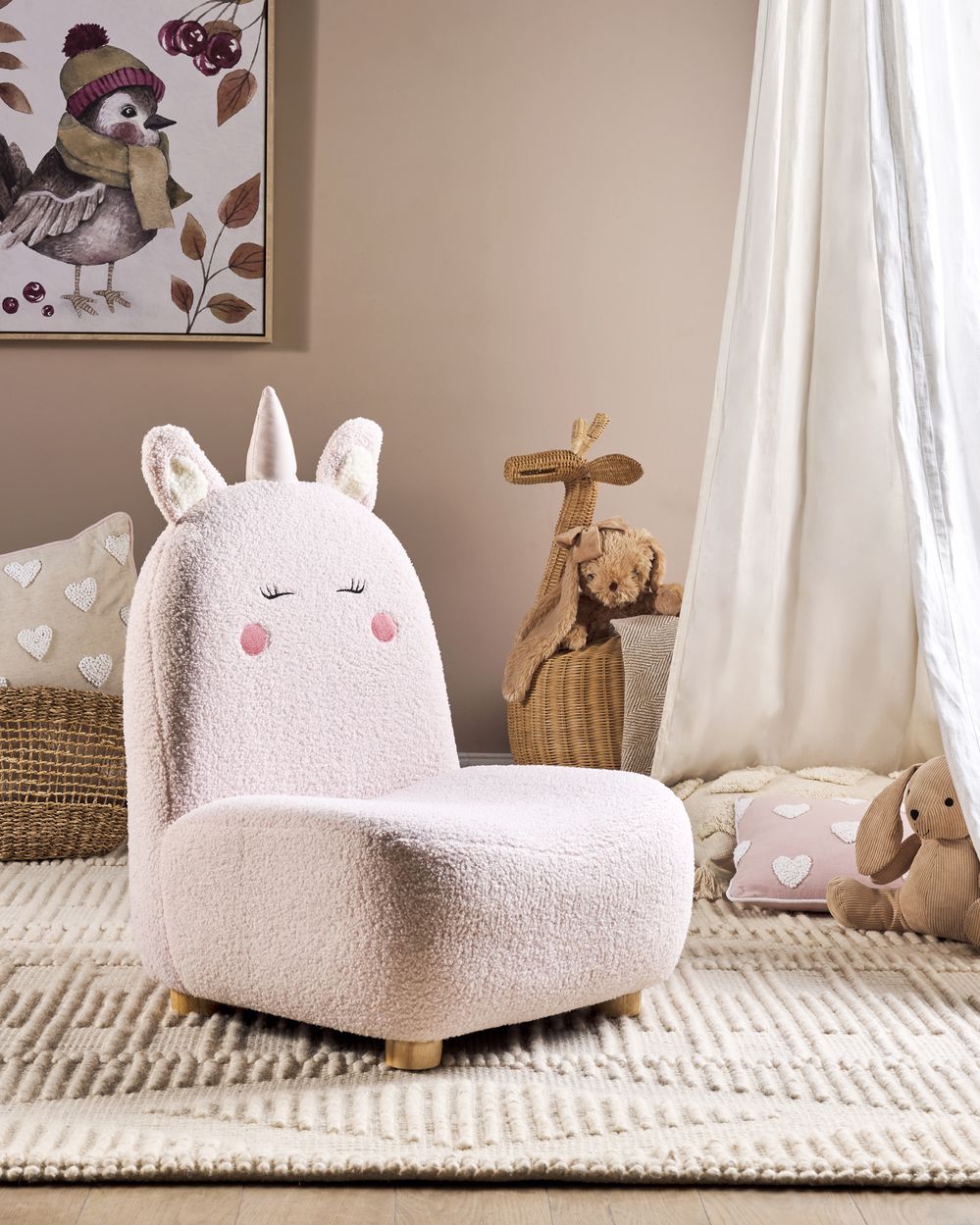 Sedia per animali Rosa Bouclé Imbottita con braccioli Sedile per cameretta per bambini Design moderno Forma di unicorno