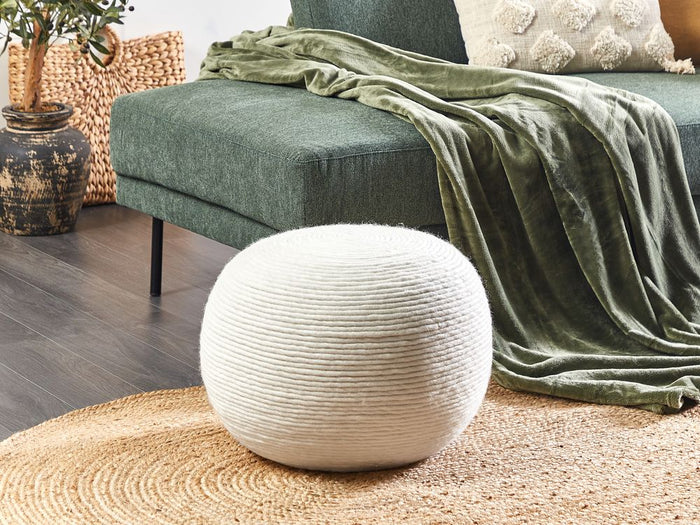 Pouf Bianco Lana EPS Riempimento Rotondo ø 50 cm Ottomano Intrecciato a mano Stile Boho