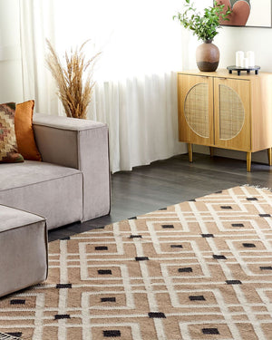 Tappeto di iuta intrecciata in cotone naturale beige con nappe a motivo geometrico 200 x 300 cm stile boho moderno