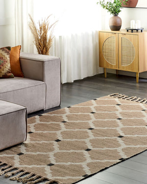 Tappeto di juta intrecciata in cotone naturale beige con nappe a motivo geometrico 160 x 230 cm stile boho camera da letto soggiorno