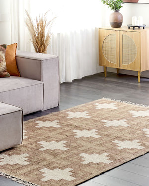 Tappeto in iuta intrecciata di cotone naturale beige con nappe a motivo geometrico 160 x 230 cm stile boho soggiorno camera da letto