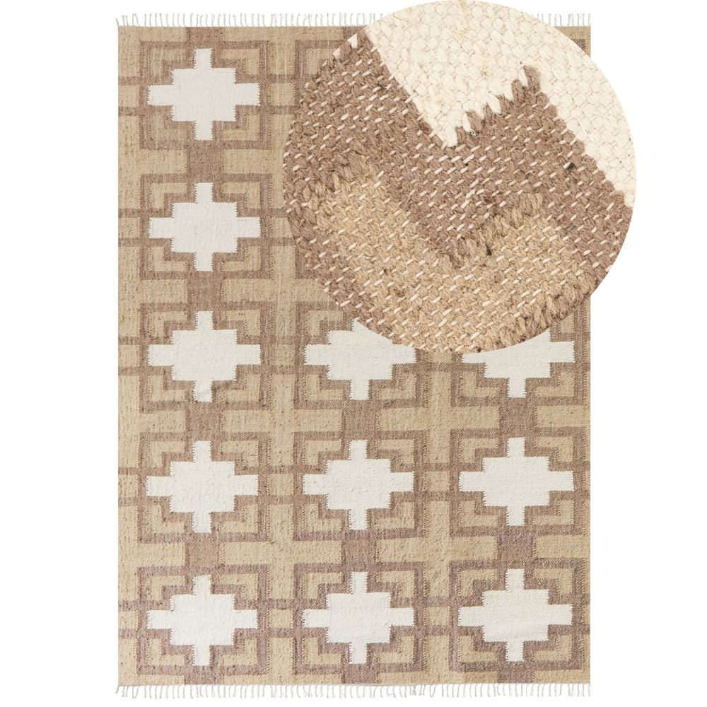 Tappeto in iuta intrecciata di cotone naturale beige con nappe a motivo geometrico 160 x 230 cm stile boho soggiorno camera da letto