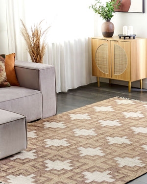 Tappeto in iuta intrecciata di cotone naturale beige con nappe a motivo geometrico 200 x 300 cm stile boho soggiorno camera da letto