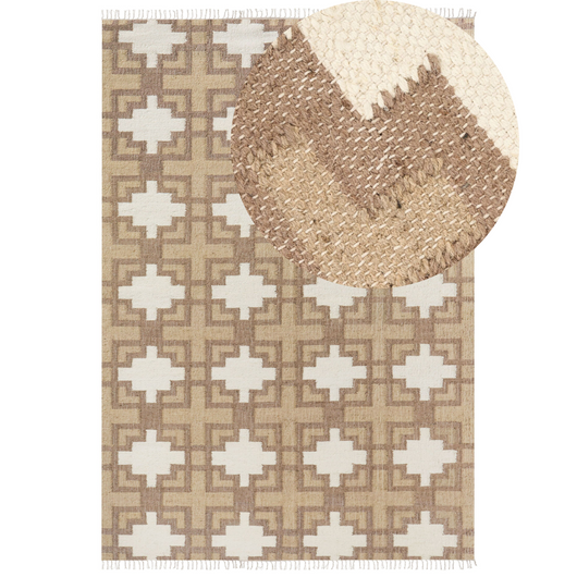 Tappeto in iuta intrecciata di cotone naturale beige con nappe a motivo geometrico 200 x 300 cm stile boho soggiorno camera da letto