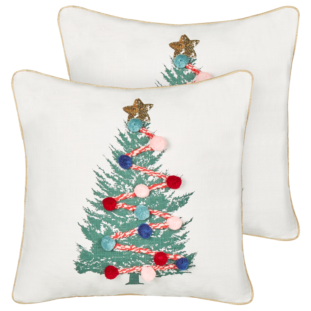 Set di 2 cuscini decorativi bianchi 45 x 45 cm con motivo ad albero di Natale in cotone sfoderabili Soggiorno Camera da letto