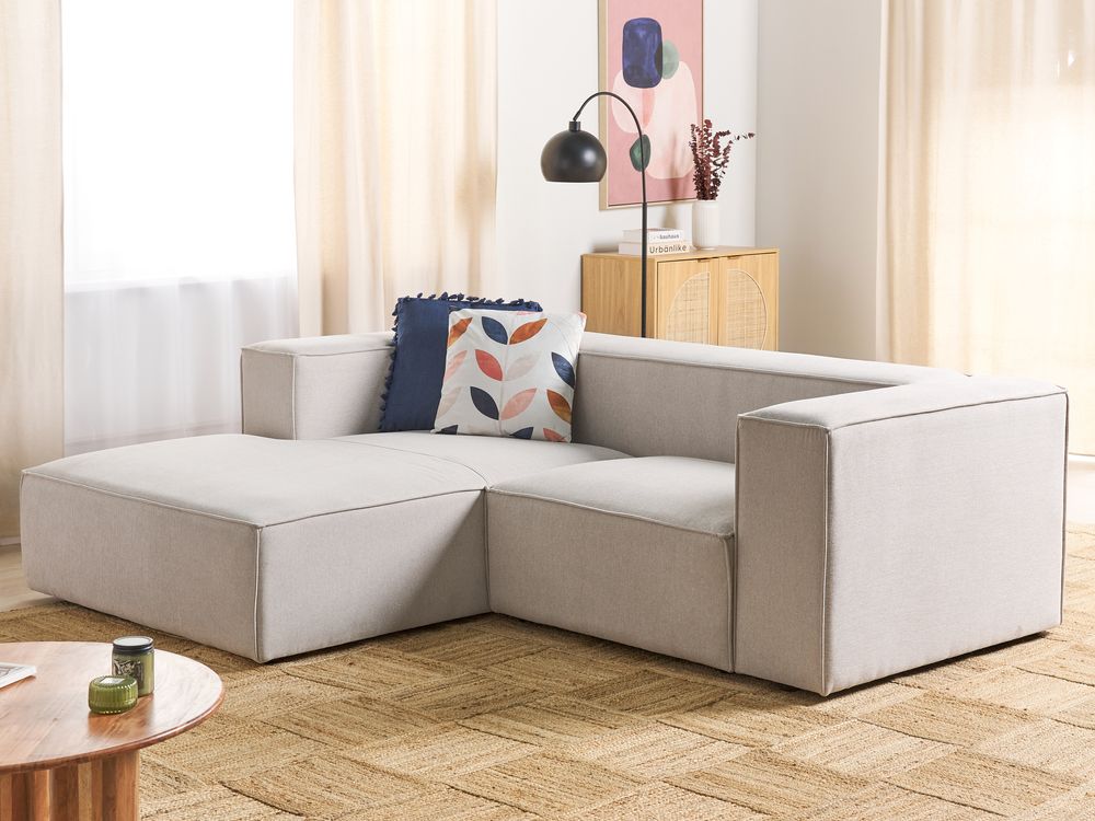 Divano angolare a 2 posti a destra in tessuto beige con braccioli imbottiti Stile minimalista