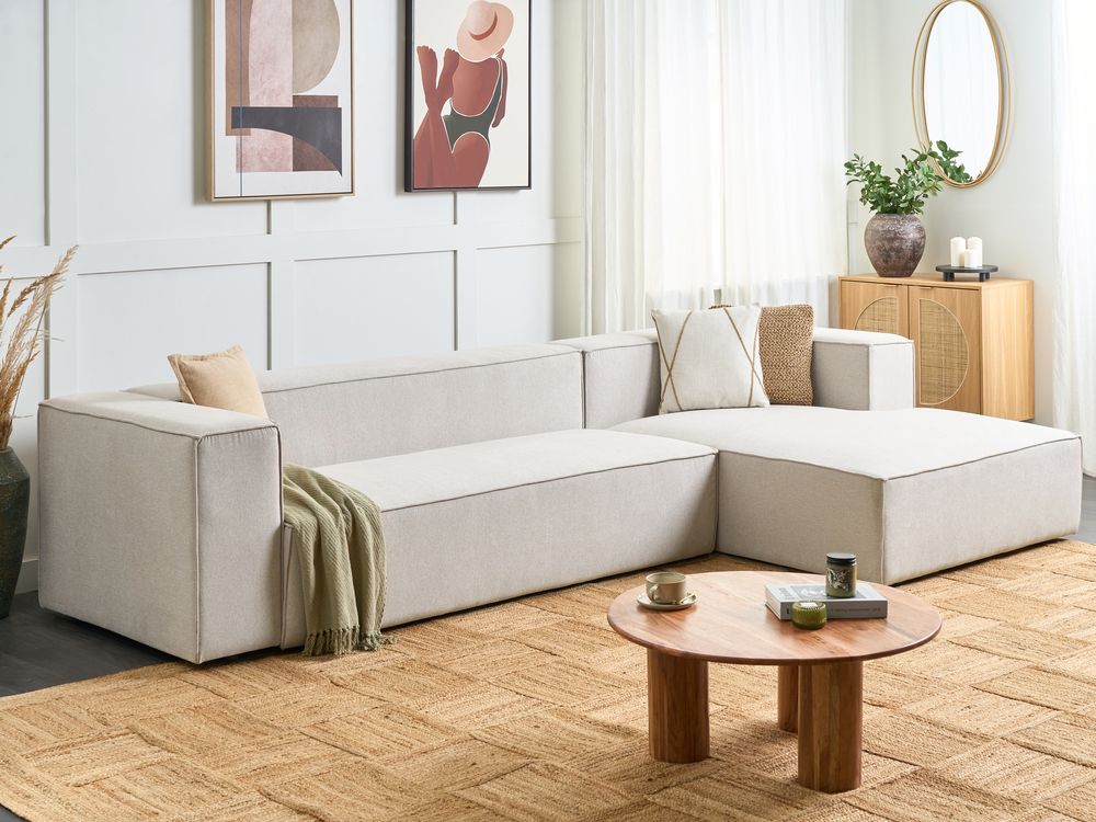 Divano angolare a 3 posti a sinistra in tessuto beige con braccioli imbottiti Stile minimalista