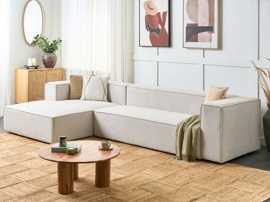 Divano angolare a 3 posti a destra in tessuto beige con braccioli imbottiti Stile minimalista