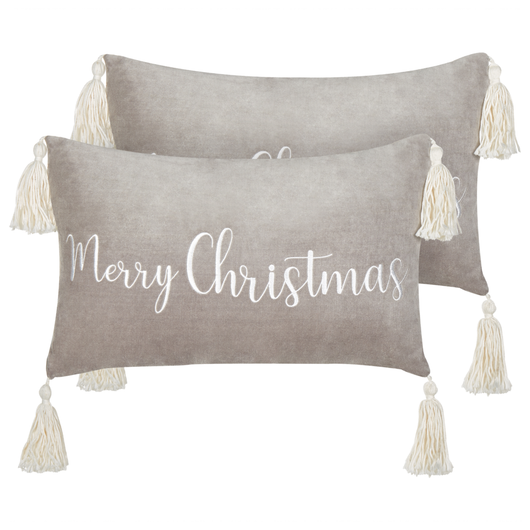 Set di 2 cuscini decorativi in cotone velluto con motivo natalizio e nappe Grigio 30 x 50 cm soggiorno camera da letto