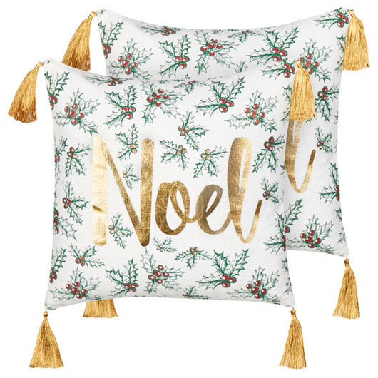 Set di 2 cuscini sparsi in cotone bianco oro 45 x 45 cm Motivo natalizio Nappe Accessori Decorazione festiva