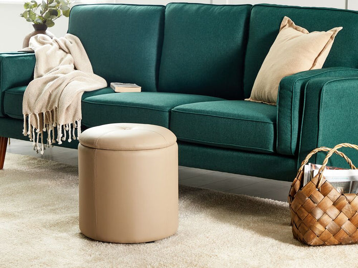 Pouf Beige Ecopelle 40 x 38 cm con Sgabello Contenitivo Glamour
