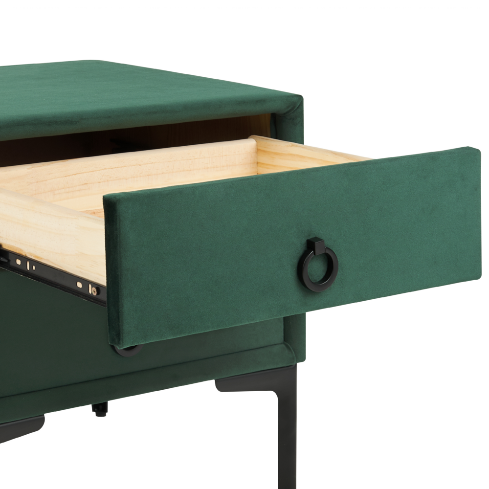 Comodino Velluto Verde Scuro Gambe in Metallo Nero con 2 Cassetti Contenitori 44x 38 cm Comodino