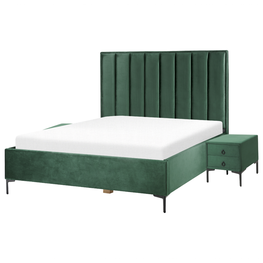 Set camera da letto in velluto verde scuro matrimoniale 160 x 200 cm letto con contenitore 2 comodini imbottiti