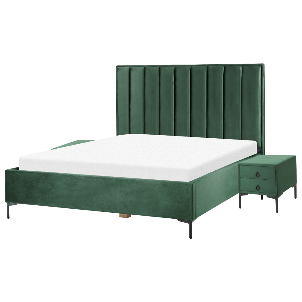 Set camera da letto in velluto verde scuro matrimoniale 180 x 200 cm letto con contenitore 2 comodini imbottiti