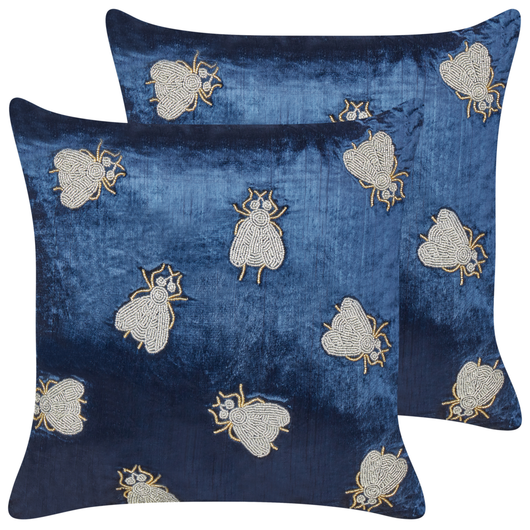 Set di 2 cuscini assortiti con ricamo floreale in velluto blu navi 45 x 45 cm sfoderabile con imbottitura