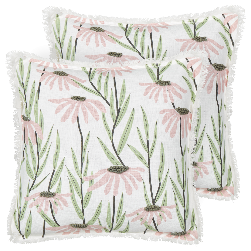 Set di 2 cuscini sparsi in cotone multicolore 45 x 45 cm con motivo floreale e frange, fatti a mano e sfoderabili, con imbottitura in stile Boho