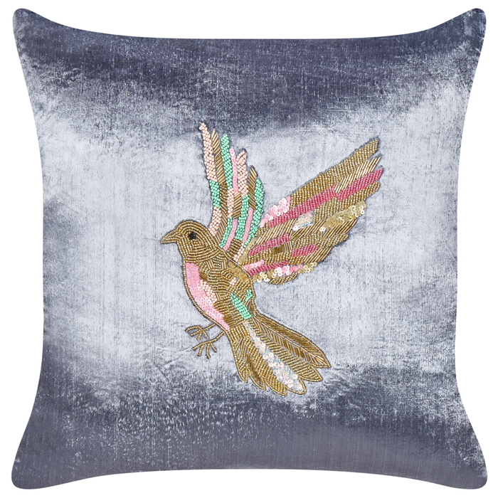 Cuscino in velluto grigio fatto a mano con ricamo di uccello animale quadrato 45 x 45 cm sfoderabile con imbottitura