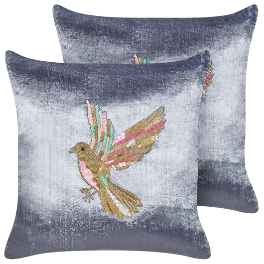 Set di 2 cuscini Set di 2 cuscini in velluto grigio fatto a mano con ricamo di uccello animale quadrato 45 x 45 cm federa intercambiabile