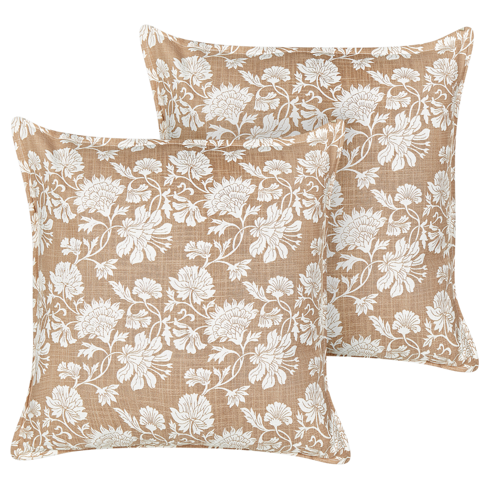 Set di 2 cuscini in cotone beige e bianco decorativi fatti a mano con stampa floreale quadrati 45 x 45 cm federa rimovibile