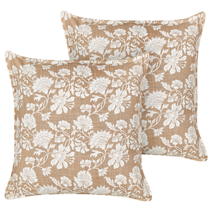 Set di 2 cuscini in cotone beige e bianco decorativi fatti a mano con stampa floreale quadrati 45 x 45 cm federa rimovibile