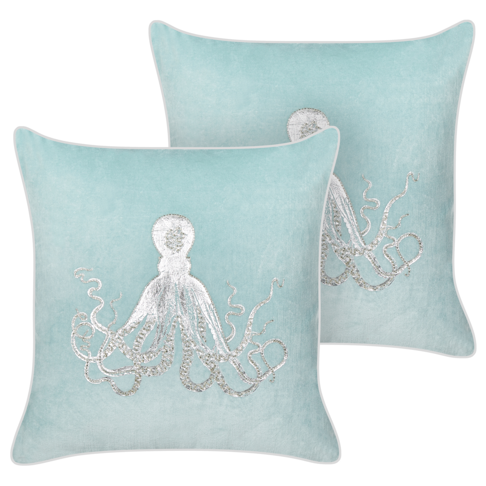 Set di 2 cuscini in velluto blu quadrato motivo polpo marino accessori camera da letto soggiorno