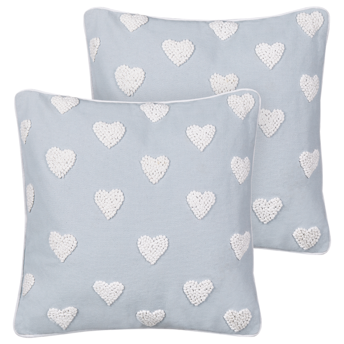 Set di 2 cuscini in cotone ricamati con motivo a cuoricini grigio 45 x 45 cm morbida imbottitura