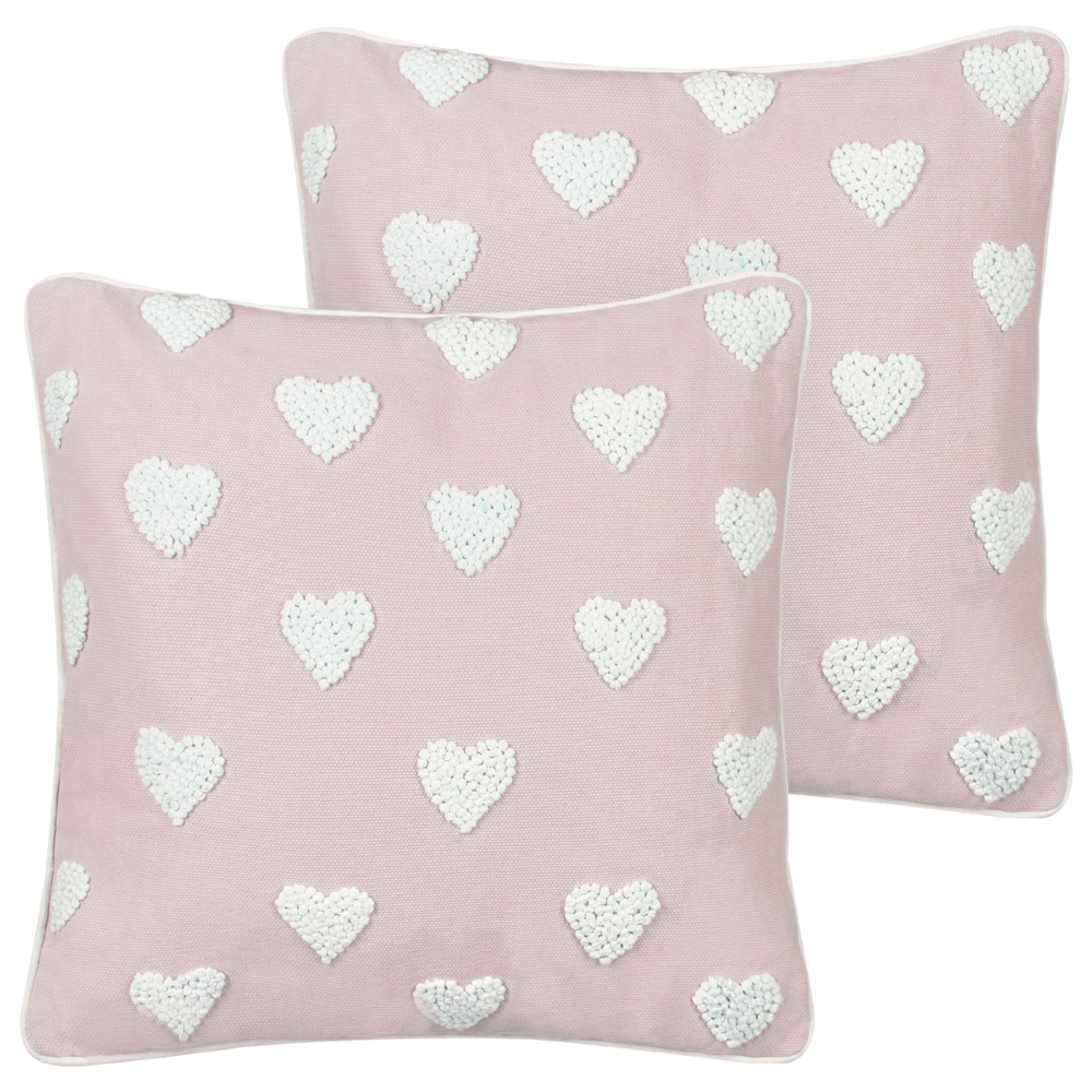 Set di 2 cuscini in cotone ricamati con motivo a cuoricini rosa 45 x 45 cm imbottiti morbidi